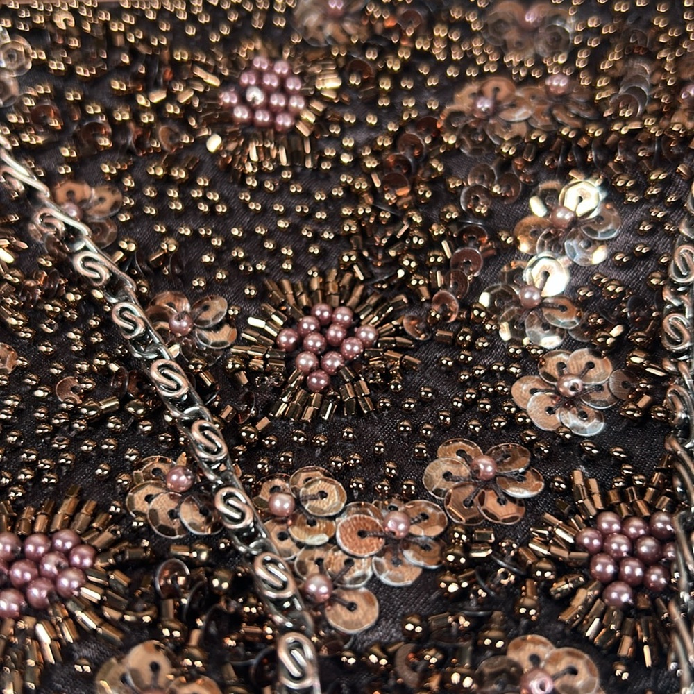 Carlo Fellini Beaded Kiss Lock Crossbody Clutch Wristlet 2 Chains Brown Copper - Picture 14 of 15